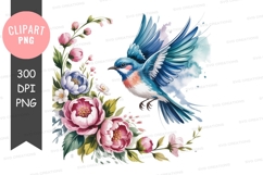 Blue bird with flowers clipart png Product Image 1