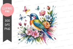 Colorful bird with flowers and butterflies clipart png Product Image 1