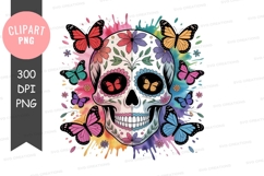 Colorful sugar skull with butterflies clipart png Product Image 1