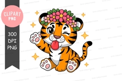 Playful tiger cub with flower crown Product Image 1