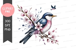 Bird on cherry blossom branch clipart png Product Image 1