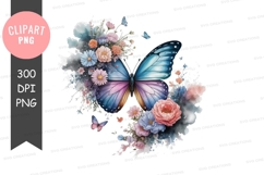 Blue butterfly with flowers clipart png Product Image 1