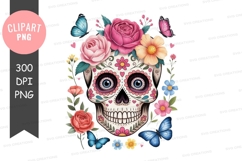 Vibrant sugar skull with flowers and butterflies clipart png Product Image 1