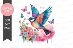 Colorful bird with flowers and butterflies clipart png Product Image 1