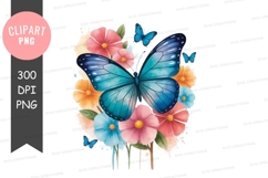 Blue butterfly with colorful flowers png Product Image 1