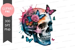 Colorful skull with butterflies and flowers clipart png Product Image 1