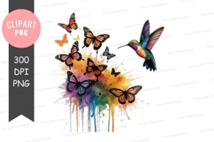Hummingbird and butterflies in watercolor png Product Image 1