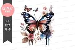 Watercolor butterfly with flowers png Product Image 1