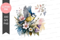 Blue tit bird with flowers png Product Image 1