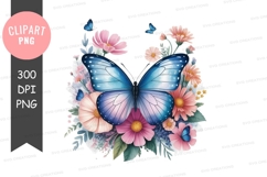 Blue butterfly with flowers clipart png Product Image 1