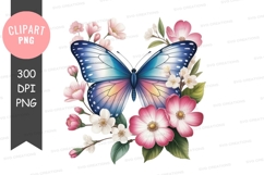 Blue butterfly with flowers clipart png Product Image 1