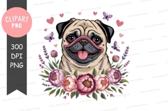Happy pug with flowers and hearts clipart png Product Image 1