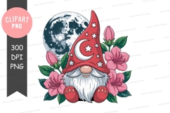 Whimsical gnome with moon and flowers clipart png Product Image 1