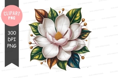 White magnolia flower with green leaves clipart png Product Image 1