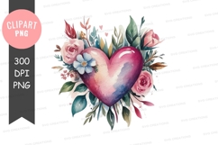 Watercolor heart surrounded by flowers clipart png Product Image 1