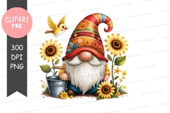 Gnome with sunflowers and bird clipart png Product Image 1