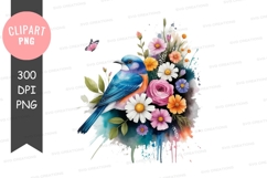 Blue bird with colorful flowers clipart png Product Image 1