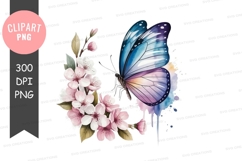 Blue butterfly with flowers clipart png Product Image 1