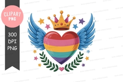 Rainbow heart with wings and crown clipart png Product Image 1