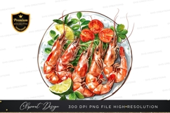 Plate of shrimp with lemon and tomatoes Product Image 1