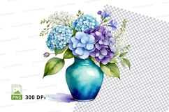 Watercolor hydrangea bouquet in blue vase clipart png Product Image 1