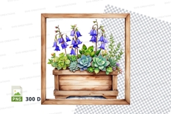Wooden planter box with blue bell flowers and succulents cli Product Image 1