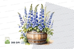 Watercolor blue flowers in wooden barrel clipart png Product Image 1