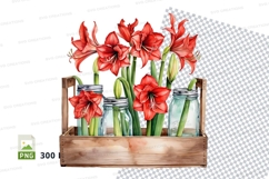 Red amaryllis flowers in glass jars wooden crate clipart png Product Image 1