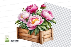Pink peony bouquet in wooden box clipart png Product Image 1