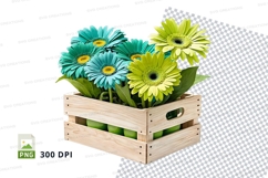 Wooden crate with blue and green gerbera daisies mockup Product Image 1