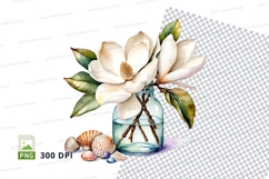 Watercolor magnolia flowers in vase clipart png Product Image 1