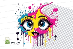 Cartoon girl face with colorful paint splatter clipart png Product Image 1