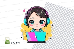 Cartoon girl with headphones using laptop clipart png Product Image 1