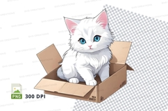 Clipart png of a white kitten in a cardboard box Product Image 1