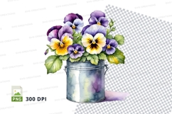 Watercolor bouquet of pansies in metal bucket clipart png Product Image 1