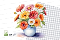 Watercolor gerbera daisy bouquet in blue vase Product Image 1