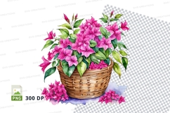 Pink bougainvillea flowers in wicker basket clipart png Product Image 1