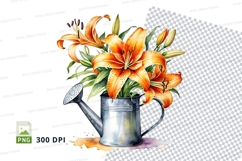 Watering can with orange lilies clipart png Product Image 1