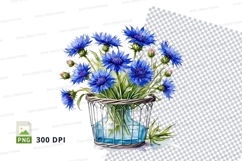 Blue cornflower bouquet in wire basket clipart png Product Image 1