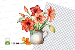 Watercolor bouquet of red and orange flowers in a blue mug Product Image 1