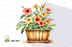 Watercolor hibiscus flowers in basket clipart png Product Image 1
