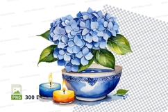 Blue hydrangea in decorative bowl with candles clipart Product Image 1