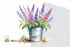 Watercolor flower bouquet in metal bucket png Product Image 1