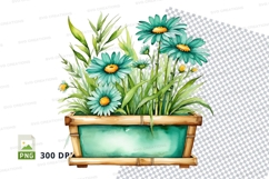 Watercolor blue daisy flowers in wooden box clipart png Product Image 1