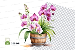 Orchid bouquet in wooden bucket clipart png Product Image 1