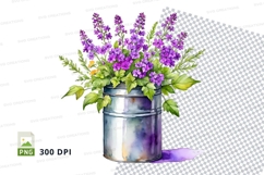 Purple flowers in metal bucket clipart png Product Image 1