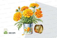 Clipart of yellow and orange marigold flowers in a decorativ Product Image 1