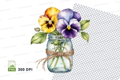Watercolor pansy flowers in mason jar clipart png Product Image 1
