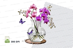 Purple orchids in a glass vase with butterflies clipart png Product Image 1