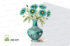 Clipart png of blue floral vase with daisies Product Image 1